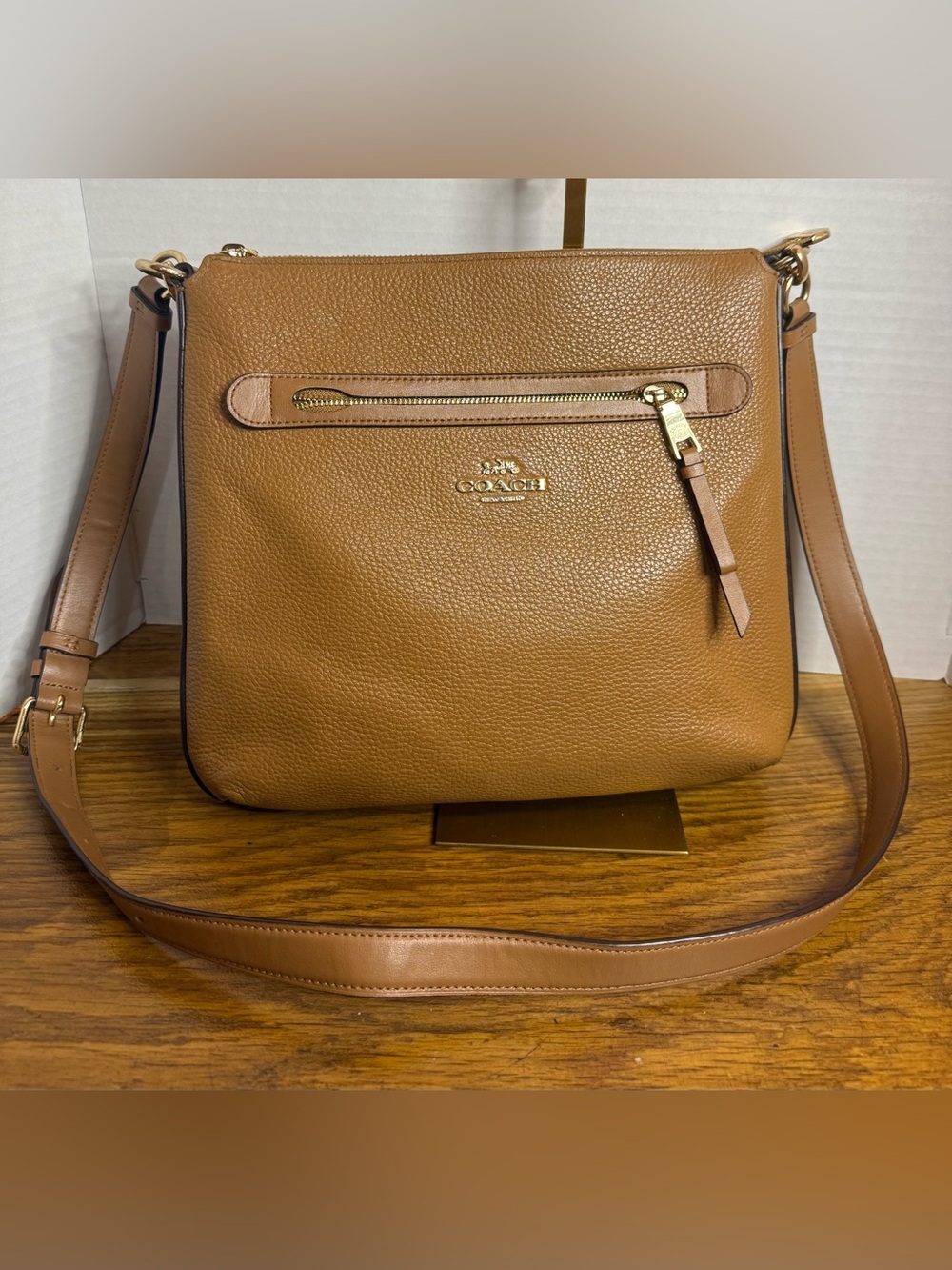 Coach F34823 Pebbled Leather Crossbody Bag Saddle Tan Gold Hardware